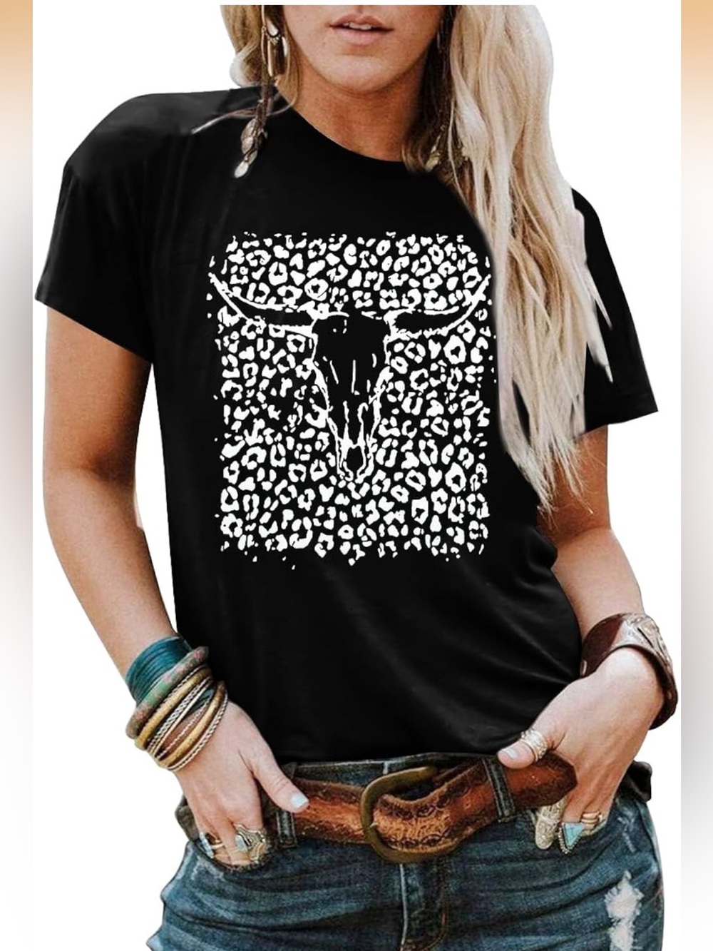 Tee White Leopard & Bull Skull Graphic Boho Cow girl nwot